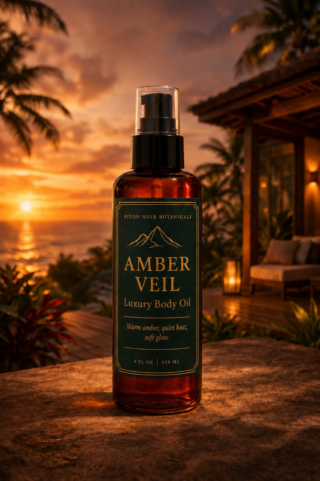 Amber Veil body oil at a Saint Lucia sunset over the ocean